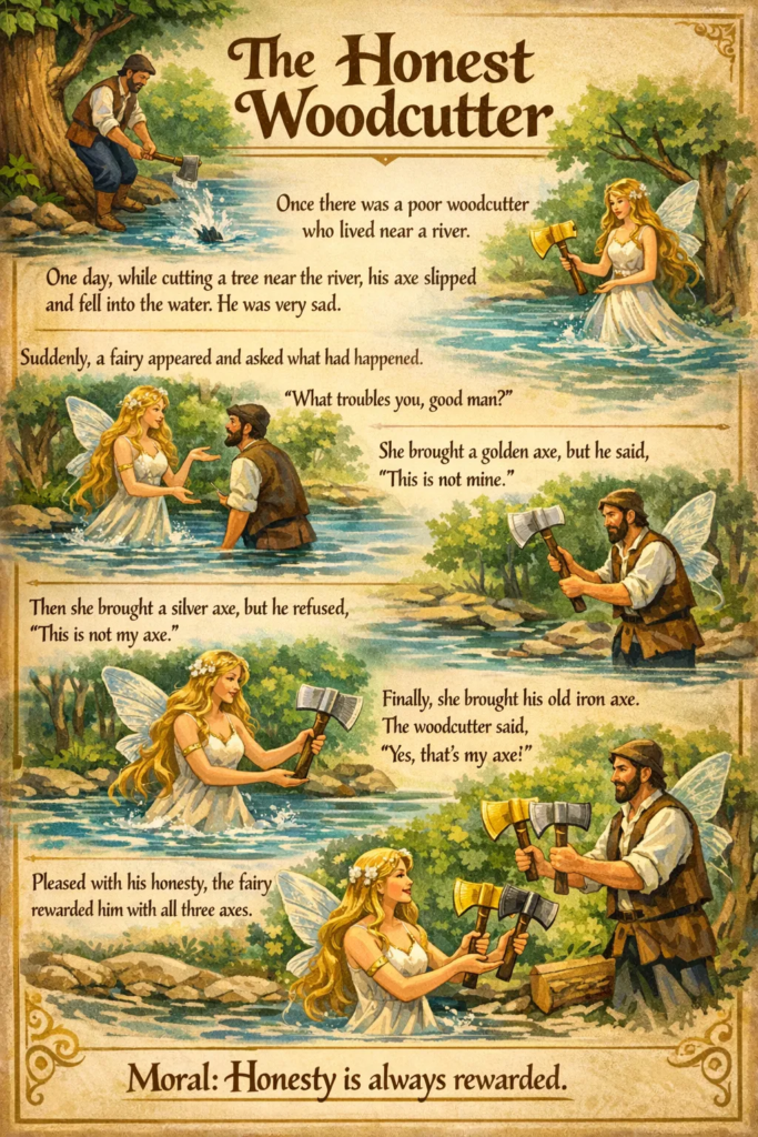 10 lines short stories with moral in english on The Honest Woodcutter moral story with Picture