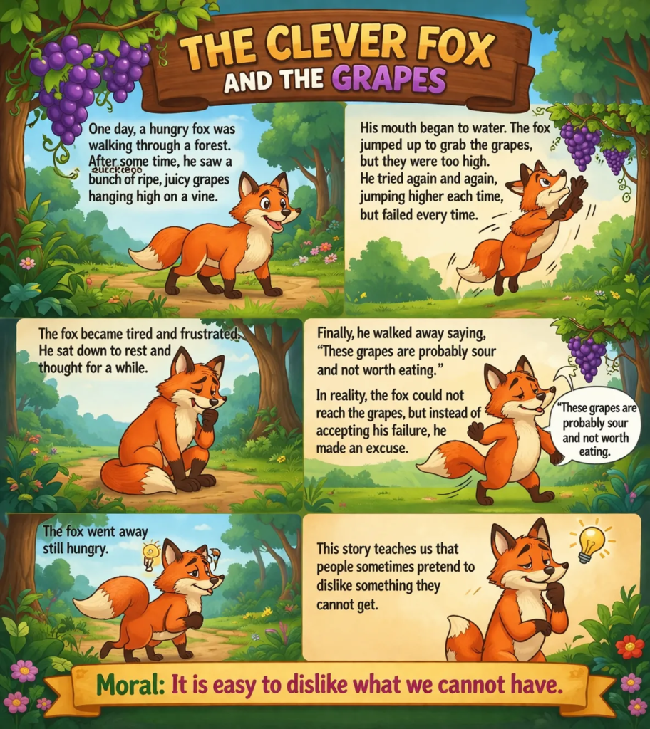 10 lines short stories with moral for kids on The Clever Fox and the Grapes with Picture