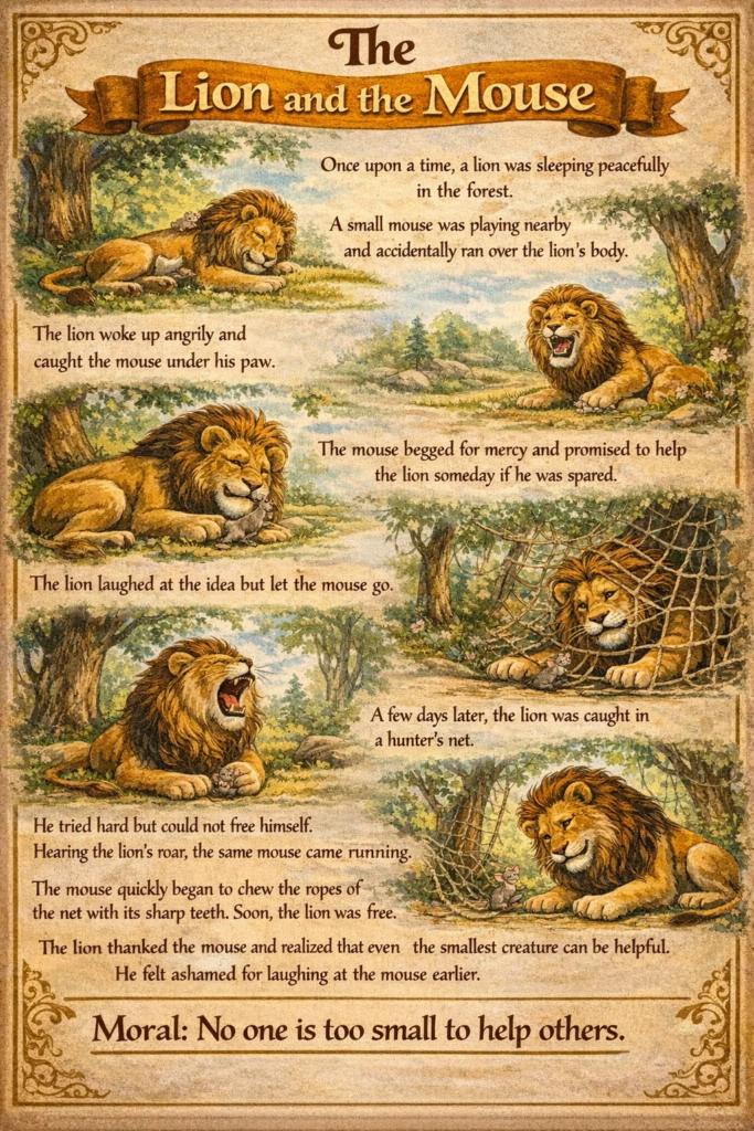 10 lines short stories with moral for kids on The Lion and the Mouse  with Picture