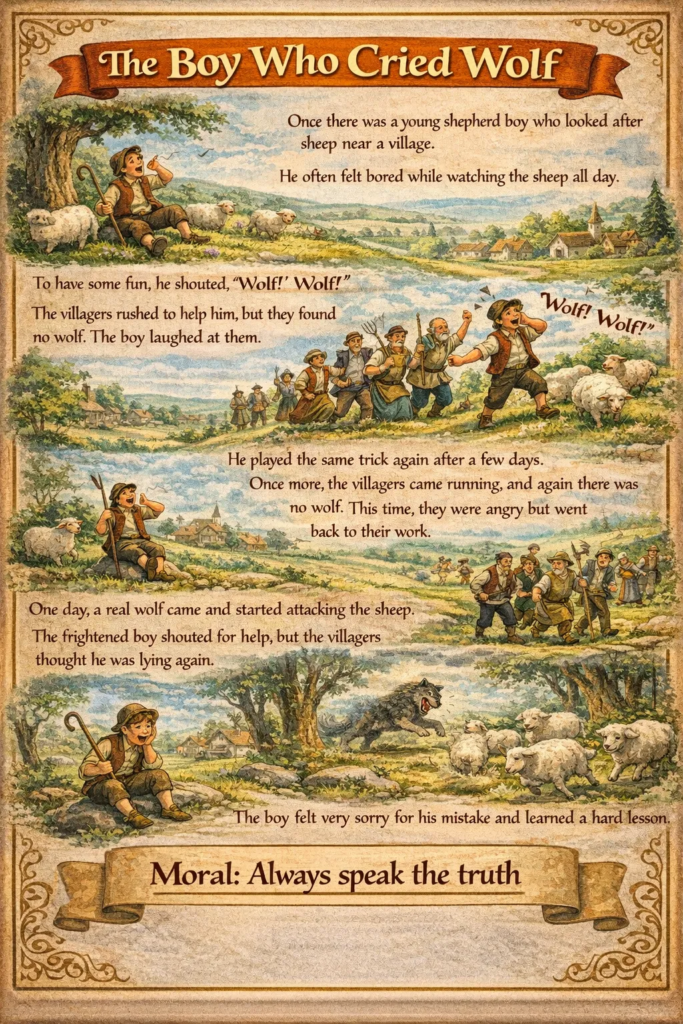 10 lines short stories with moral on  The Boy Who Cried Wolf with picture