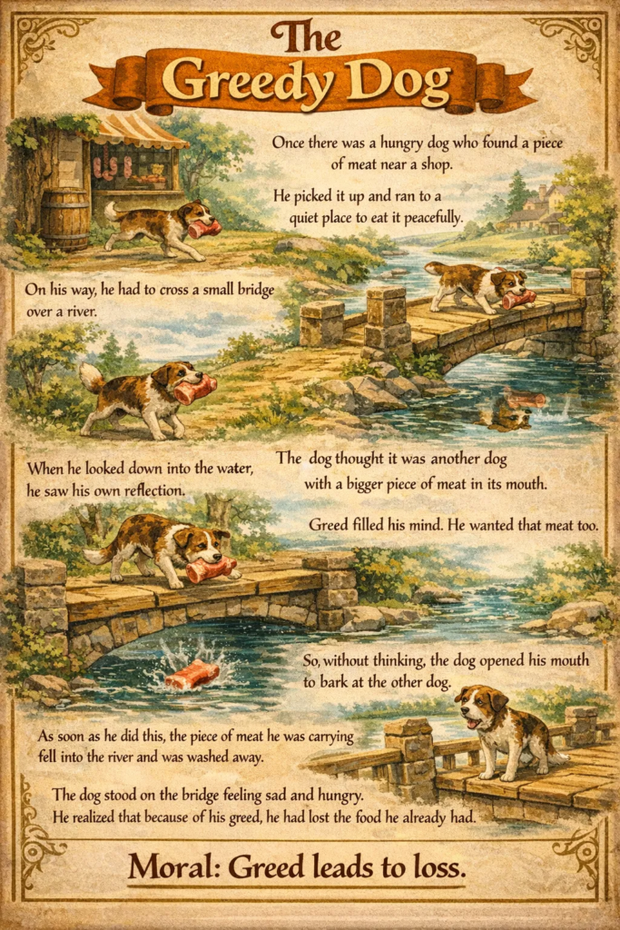 10 lines short stories with moral on The Greedy Dog with picture