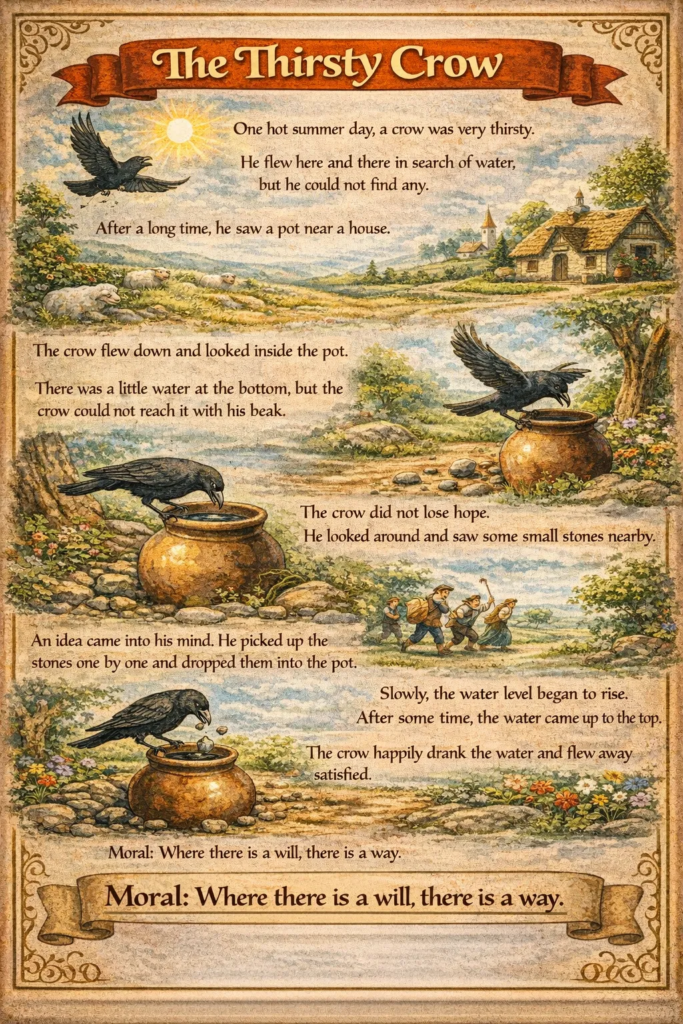 10 lines short stories with moral on The Thirsty Crow with Picture