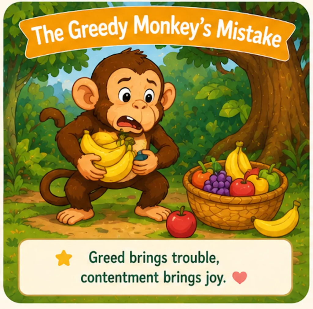 The Greedy Monkey’s Mistake - 20 Lines Short Stories with Moral