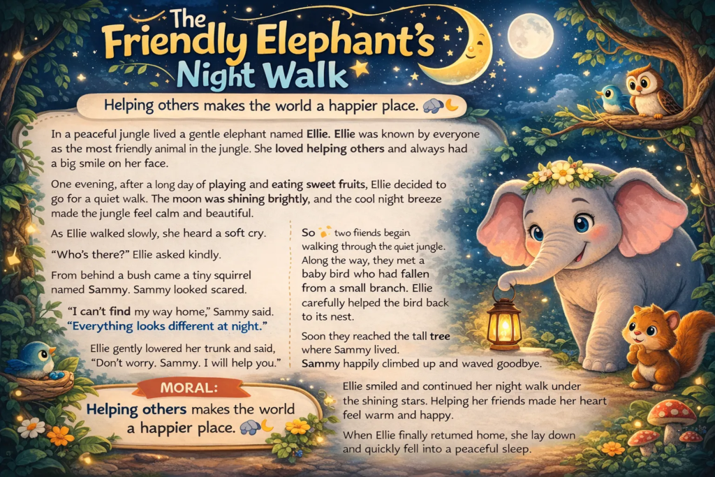 The Friendly Elephant’s Night Walk - Bedtime Stories for Kids with Moral in English