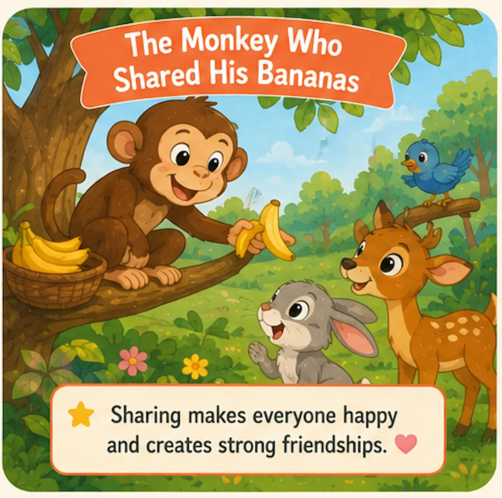 The Monkey Who Shared His Bananas-1 Minute Bedtime Stories for Kids