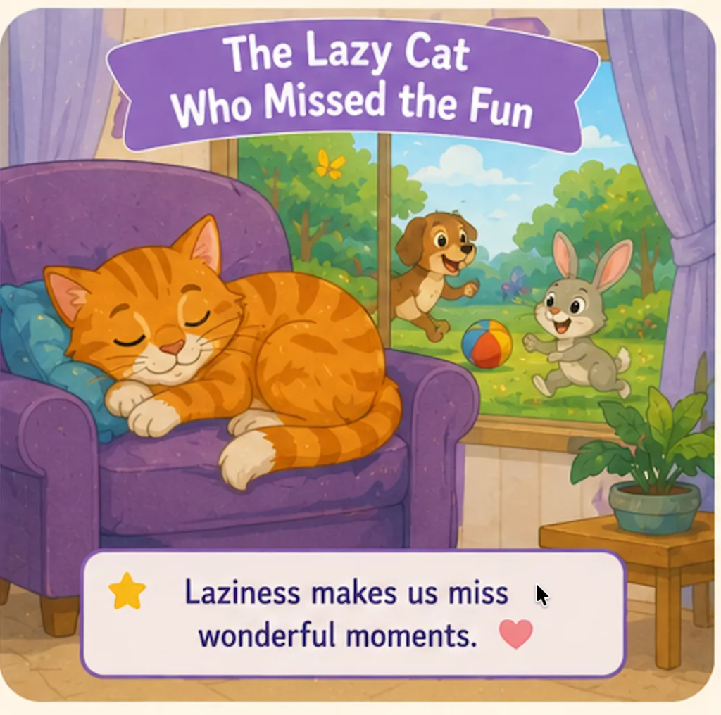 The Lazy Cat Who Missed the Fun- 1 Minute Bedtime Stories for Kids