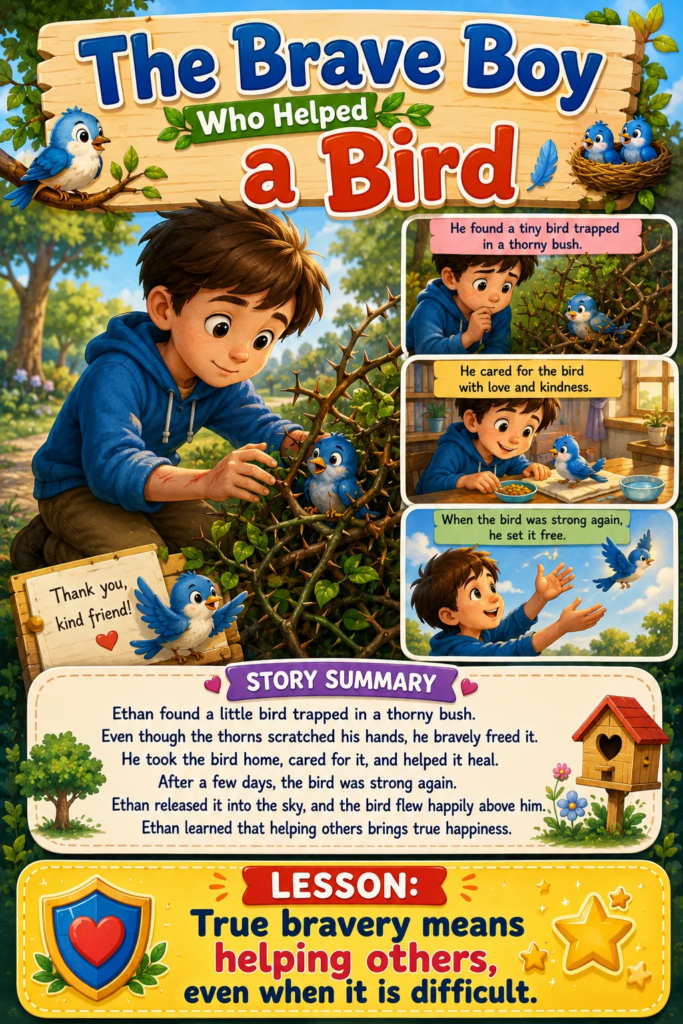 The Brave Boy Who Helped a Bird - Stories for 7 Year Olds
In a small village, there lived a kind and brave boy named Ethan. He loved spending time outdoors and enjoyed watching birds fly in the sky.
One afternoon, while walking through the park, Ethan heard a faint chirping sound. He followed the sound and found a little bird trapped in a thorny bush. The bird was frightened and unable to fly away.
Ethan wanted to help, but the bush was full of sharp thorns. He carefully pushed the branches aside and gently reached for the bird. A few thorns scratched his hands, but he did not give up. Finally, he freed the bird and held it softly in his hands.
The bird had a small injury on its wing. Ethan took it home and cared for it. He gave it food, water, and a safe place to rest. After a few days, the bird became strong again.
When Ethan released it into the sky, the bird flew in circles above him as if saying thank you.
Ethan felt happy knowing he had helped a creature in need.
Moral: True bravery means helping others, even when it is difficult.