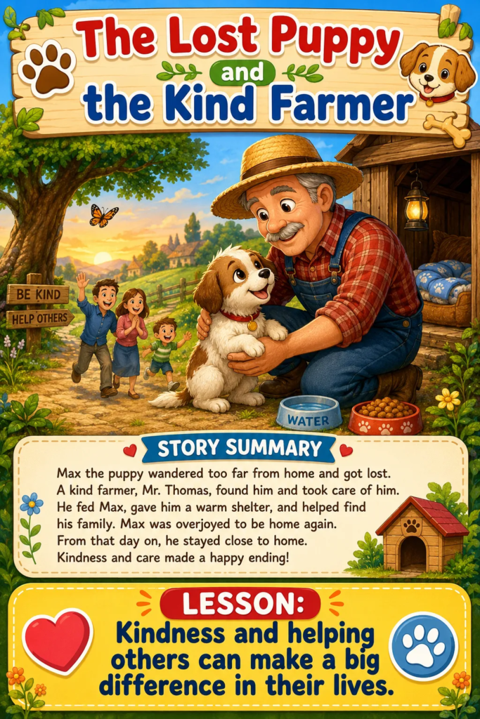 The Lost Puppy and the Kind Farmer - Stories for 7 Year Olds:
One sunny morning, a little puppy named Max wandered too far from home while chasing a butterfly. As he ran through fields and across small paths, he lost track of where he was. Soon, Max realized he could not find his way back. He felt scared and lonely.
As evening approached, Max sat under a tree and began to whimper. Just then, a kind farmer named Mr. Thomas was returning home from his fields. He heard the puppy crying and gently picked him up.
The farmer gave Max some food, fresh water, and a warm place to sleep. The next day, he asked people in the nearby village if anyone had lost a puppy. After some searching, he found Max’s worried family.
When Max saw his owners, he wagged his tail with joy. They thanked Mr. Thomas for his kindness and care. Max was happy to be home again and never wandered too far away after that.
The farmer smiled, knowing that helping someone in need is always the right thing to do.
Moral: Kindness and helping others can make a big difference in their lives.