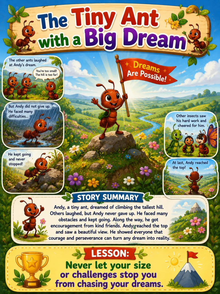 The Tiny Ant with a Big Dream - Stories for 7 Year Olds
In a large meadow lived a tiny ant named Andy. Although he was very small, Andy had a big dream. He wanted to climb the tallest hill in the meadow and see the world from the top.
When Andy told the other ants about his dream, they laughed. “You’re too small,” they said. “The hill is too steep and too far away.”
But Andy did not give up. Early the next morning, he began his journey. The path was difficult. He had to climb over rocks, cross puddles, and push through tall grass. Several times, he slipped and fell, but he always got back up.
As he continued, other insects noticed his determination and encouraged him. After many hours of hard work, Andy finally reached the top of the hill.
The view was amazing. He could see colorful flowers, green fields, and sparkling streams stretching far into the distance.
Andy returned home proudly and shared his adventure with his friends. They realized that even the smallest creature can achieve great things with courage and persistence.
Moral: Never let your size or challenges stop you from chasing your dreams.