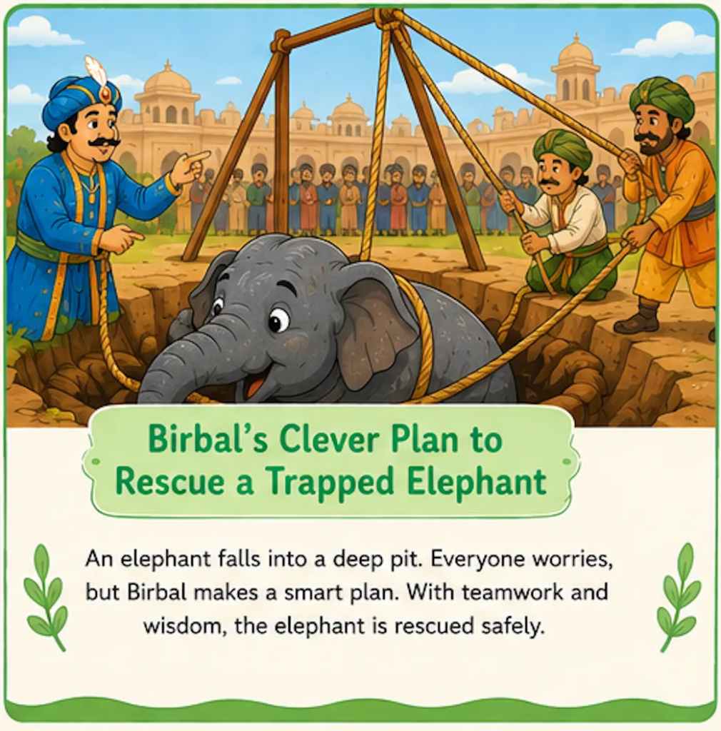 Birbal's Clever Plan to Rescue a Trapped Elephant - Akbar Birbal Elephant Story in English