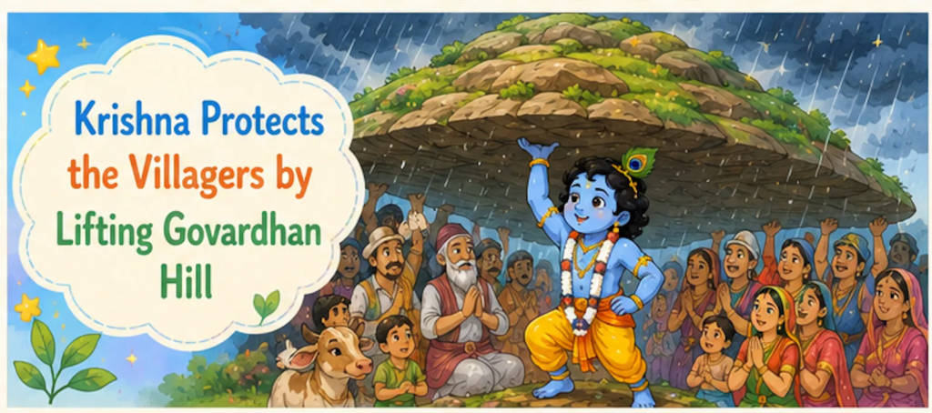 Krishna Protects the Villagers by Lifting Govardhan Hill