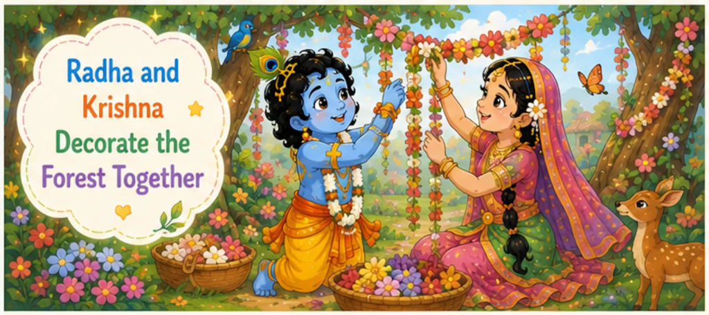 Radha and Krishna Decorate the Forest Together