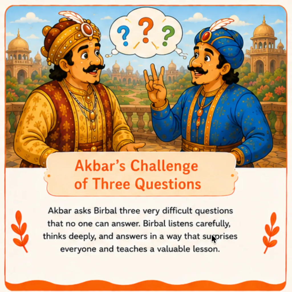 Akbar's Challenge of Three Questions - Short Story of Akbar and Birbal in English