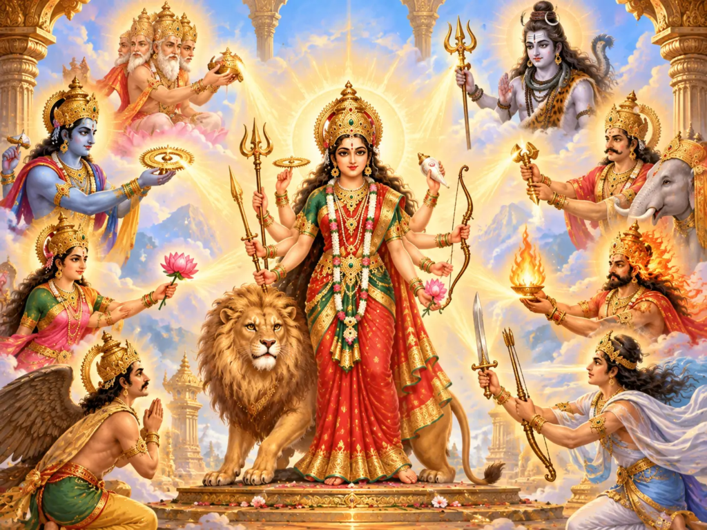 Goddess Durga emerging from the combined divine energy of the gods
