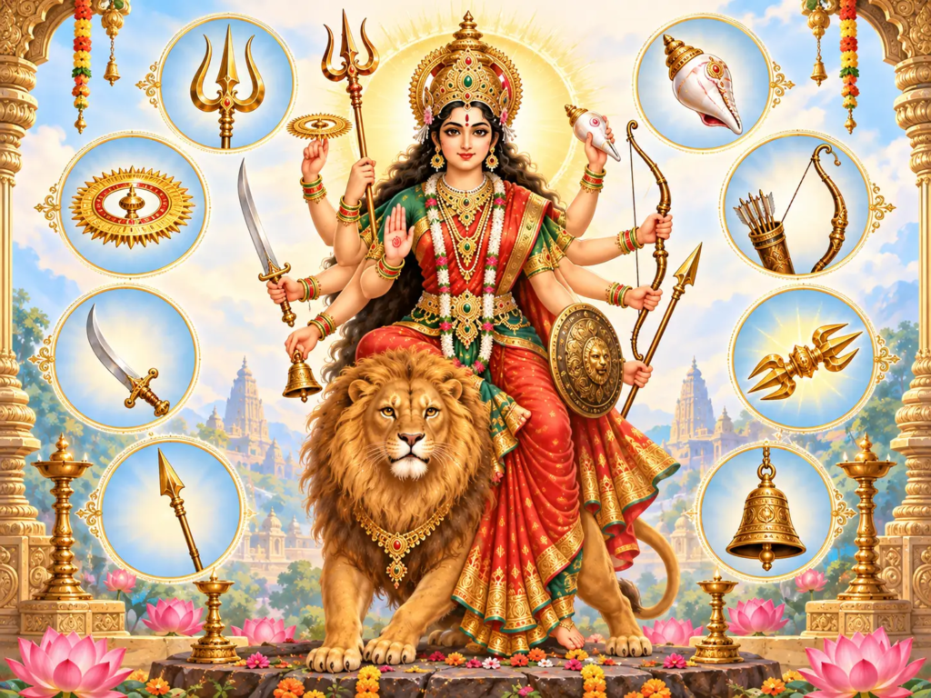 Goddess Durga holding her traditional divine weapons and symbols