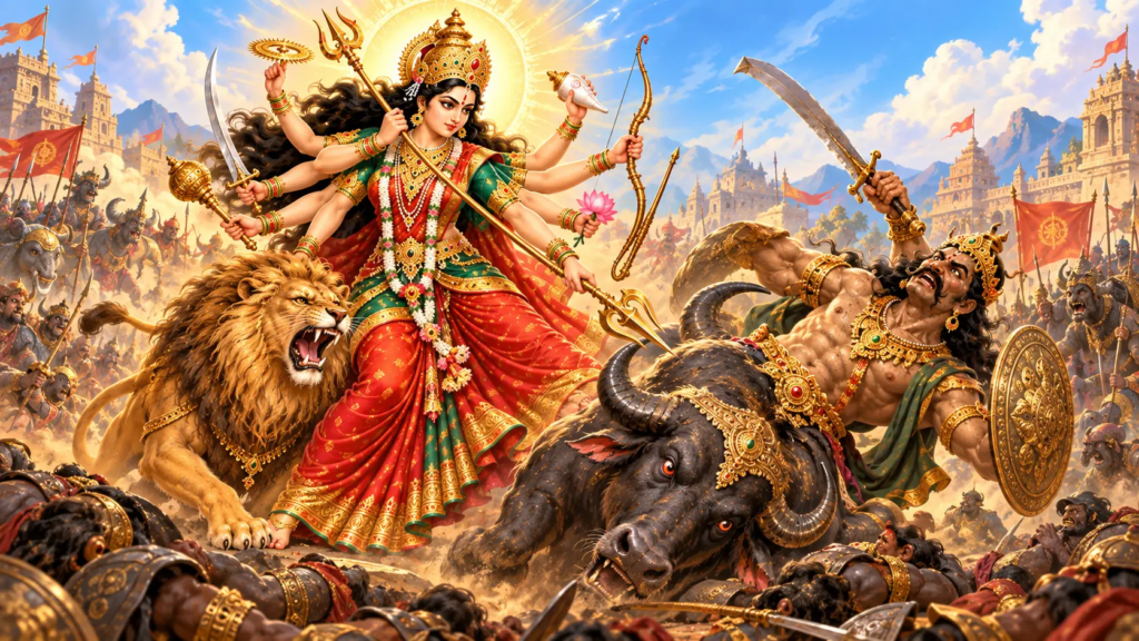 Maa Durga fighting Mahishasura during the battle between the Goddess and the buffalo demon