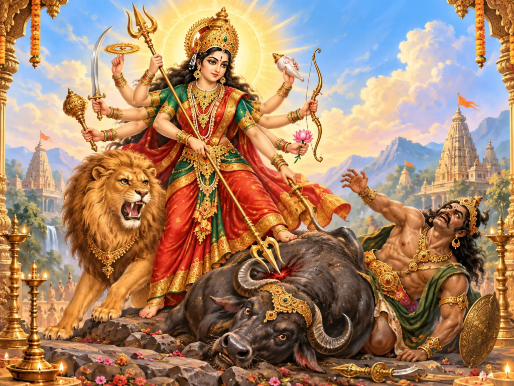 Maa Durga riding a lion and defeating the buffalo demon Mahishasura
