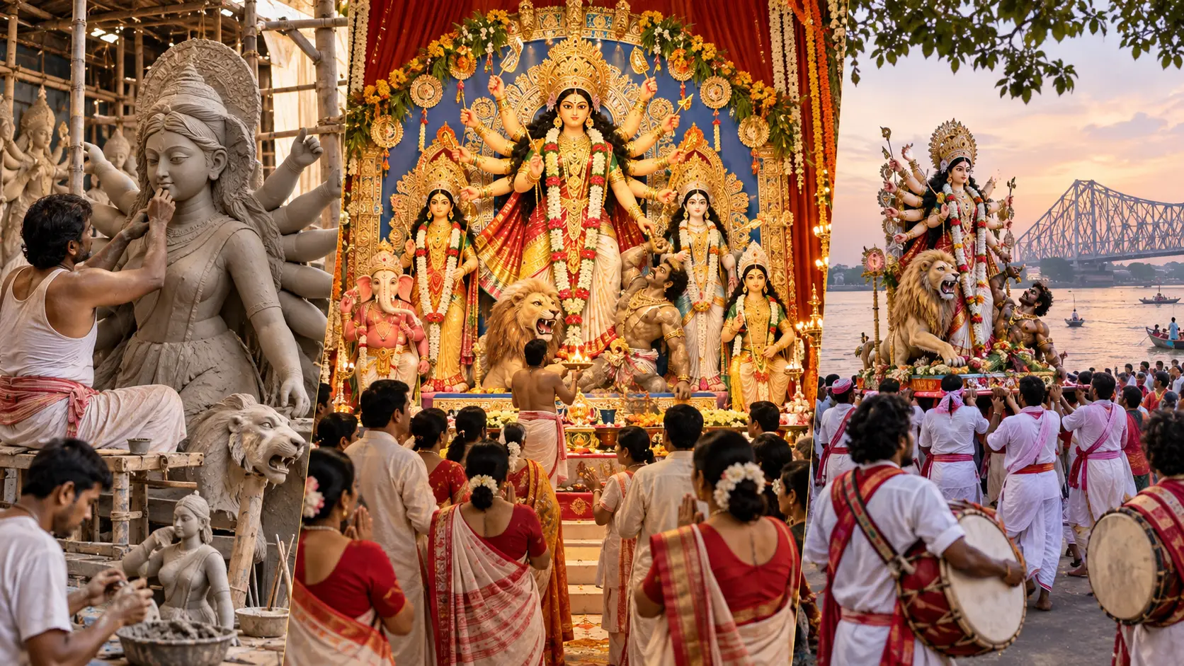 Traditional Durga Puja showing clay idol making, worship in a pandal and immersion procession
